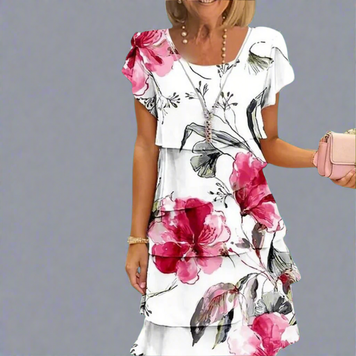 Sable - Floral Print Crew Neck Tiered Pleated Dress