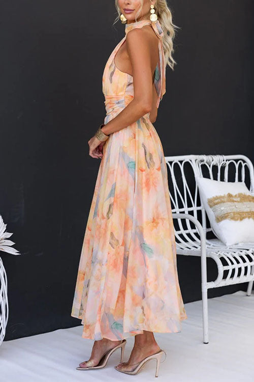 Marissa – Watercolor Open Back Halter Maxi Dress