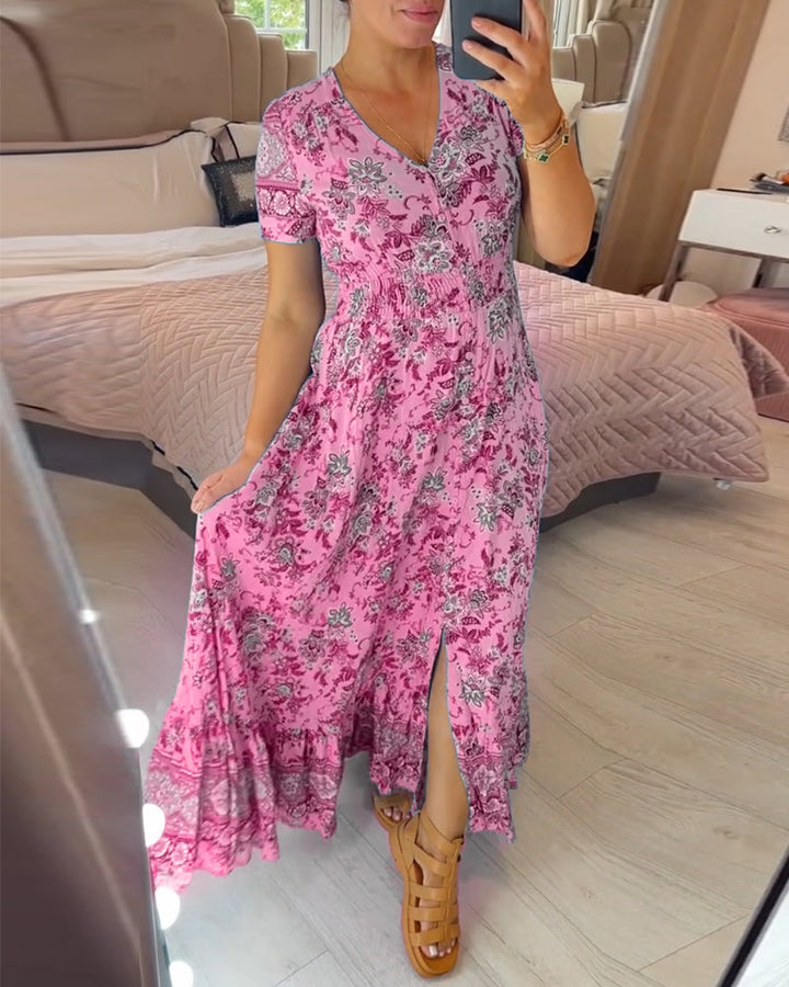 Ellie - Elegant floral dresses with V-neck and pleats