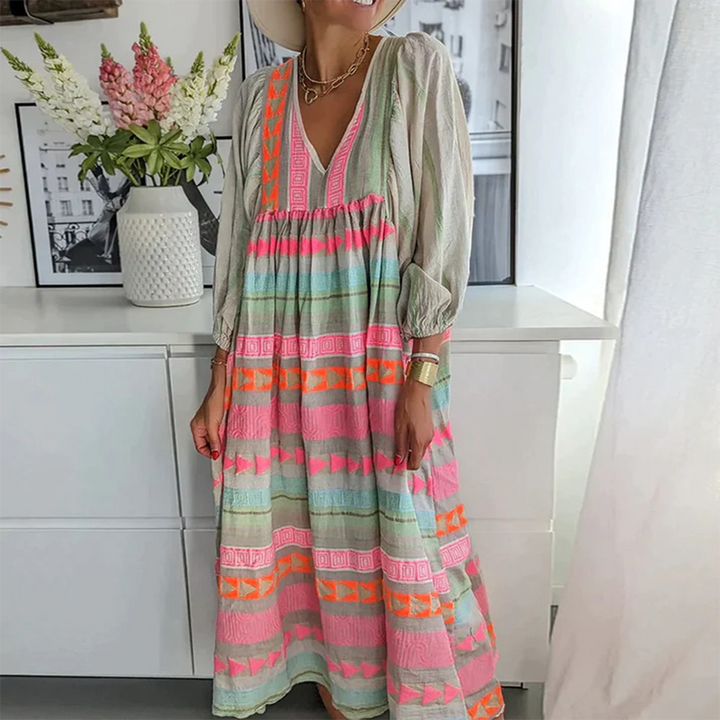 Ziggy - Vintage V-Neck Puff Sleeve Maxi Summer Dress