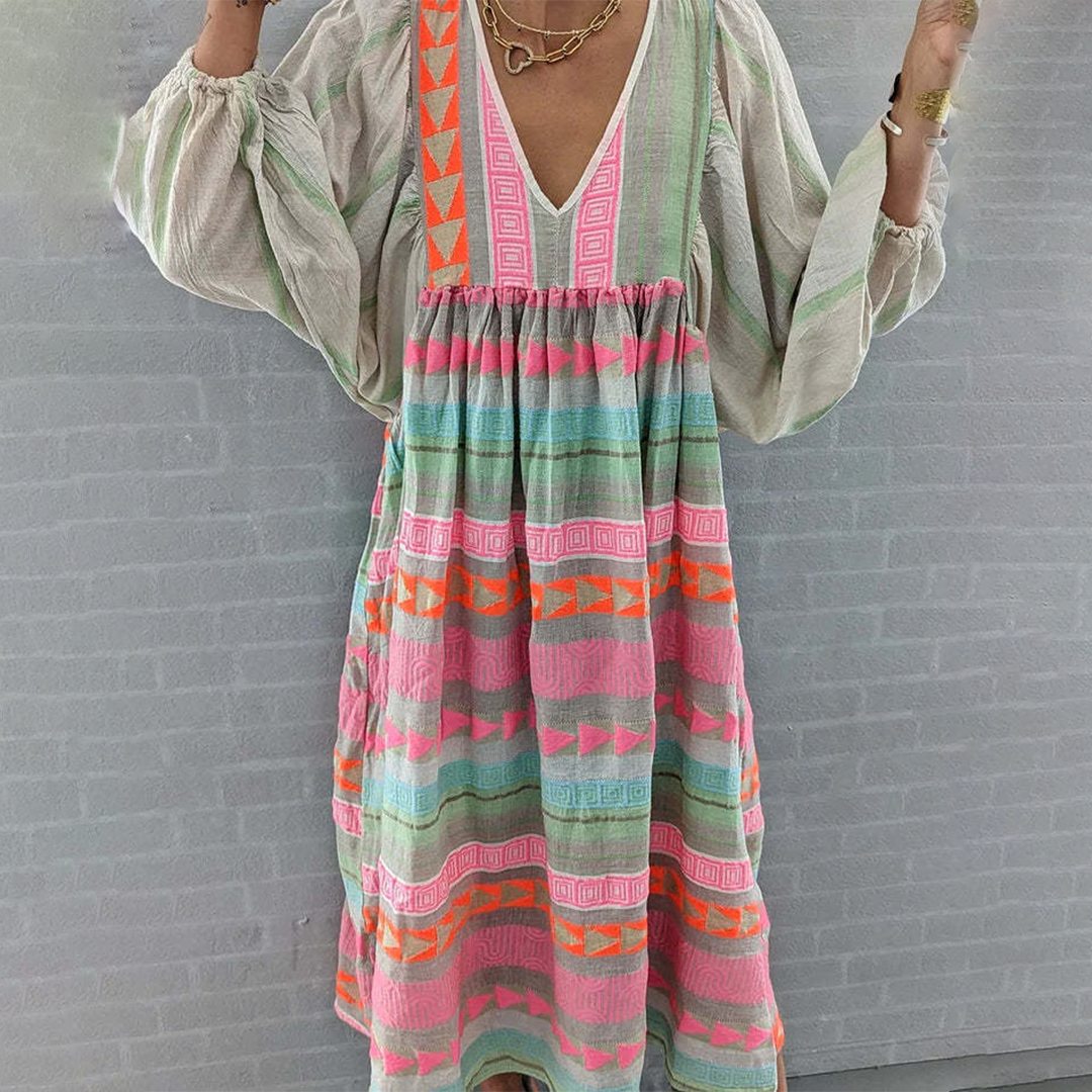 Ziggy - Vintage V-Neck Puff Sleeve Maxi Summer Dress