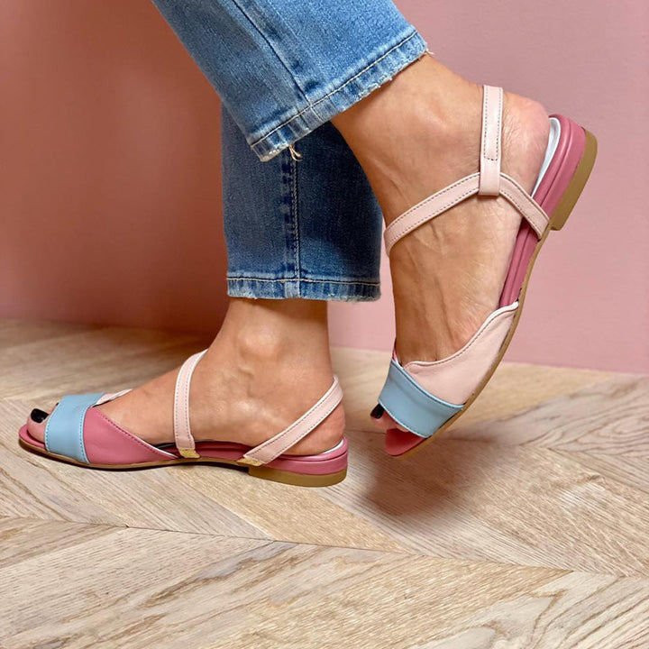 Ellela™ | Elegant pink asymmetric sandals with color-block details